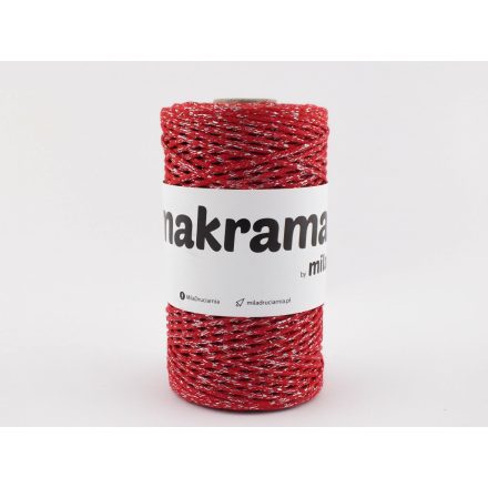 Makramé Fonal Csillogó Ezüst, Piros, 200m, 2mm, 250g, mg101
